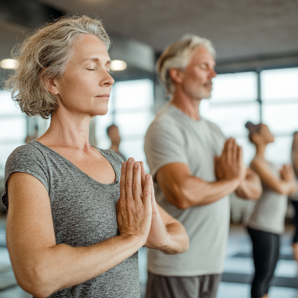 Middle-aged adults practicing gentle yoga poses in serene studio environment