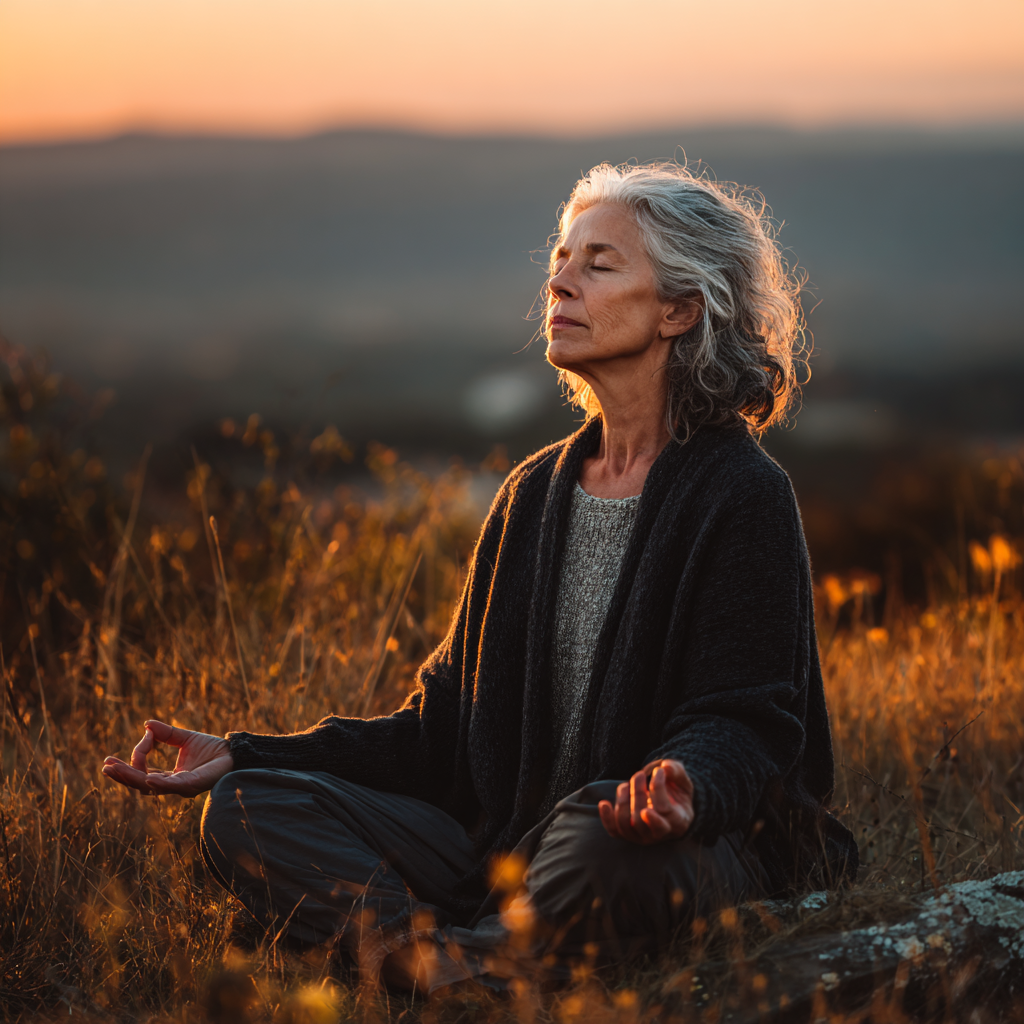 Peaceful mature woman practicing meditation in natural setting